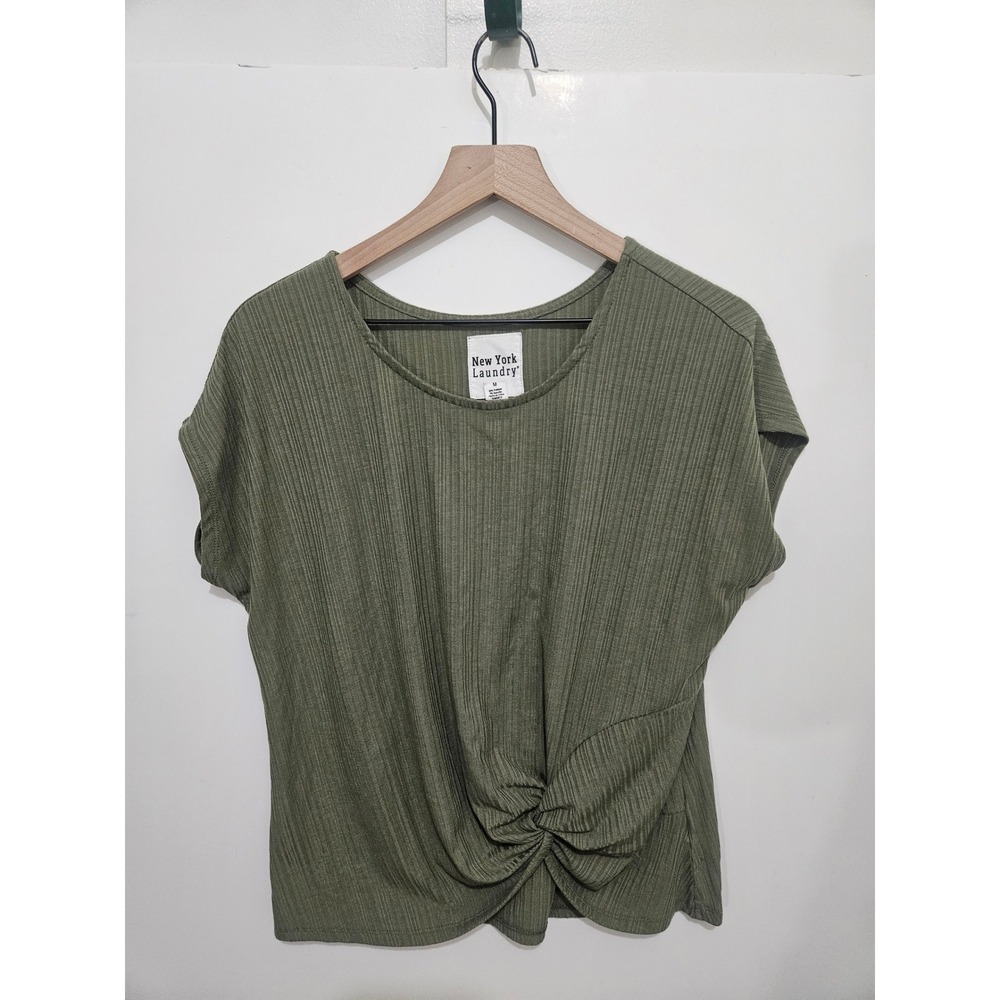New York Laundry Olive Green Ribbed Front‎ Knot Dolman Sleeve Top Medium
